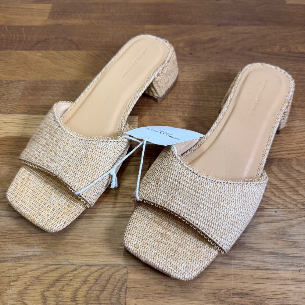 American Eagle Square Toe Mules Sandals Women's 6 Raffia Block Heel New